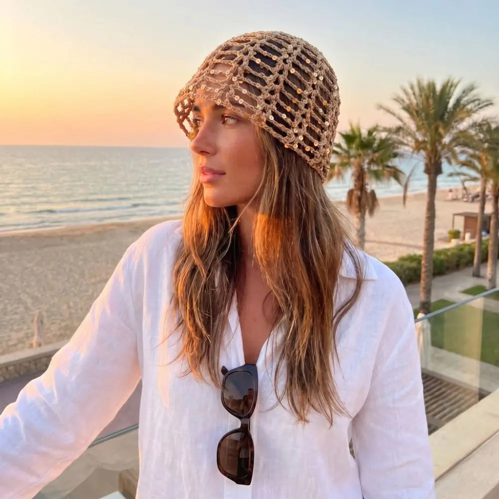 Bohemian Crochet Sequin Knit Beanie Hat | Spring Summer Crochet Knit Beanie Peaceful Pleasures Health and Wellness