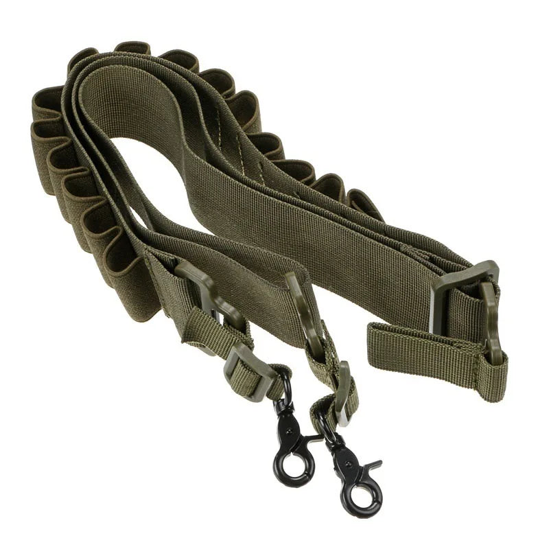 Tactical Double Point Shooting Gun Sling 15 Round Shotgun Shell Bandolier 12& 20 Gauge Stealth Rifle Ammo for Shell Count Peaceful Pleasures Health and Wellness Green color