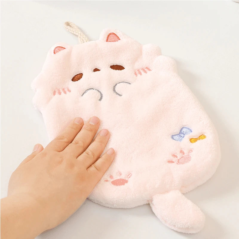 Cute Cartoon Cat Hanging Hand Towel Coral Fleece Non-shedding Thick Cloth High Appearance Level Kitchen Bathroom Absorbent Towel Peaceful Pleasures Health and Wellness
