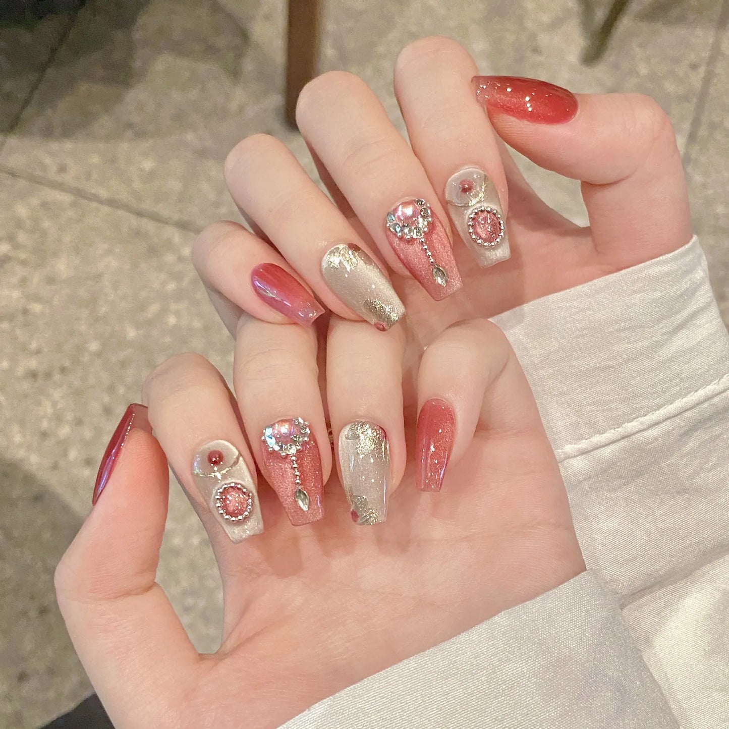 10pcs Pink Cat Eye Press On Nails – Handmade Full Cover Tips