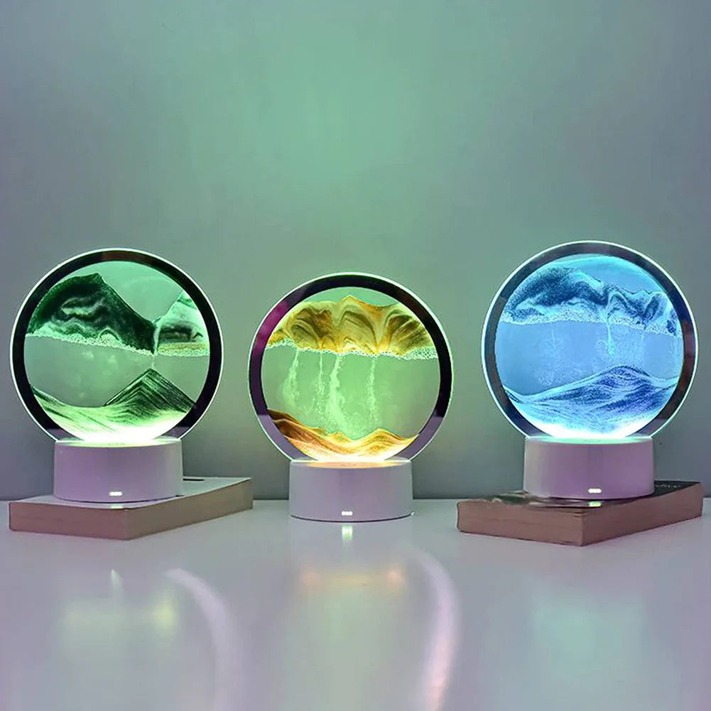 Moving Sand Art Picture Round Table Lamp 3D Dynamic Painting Night