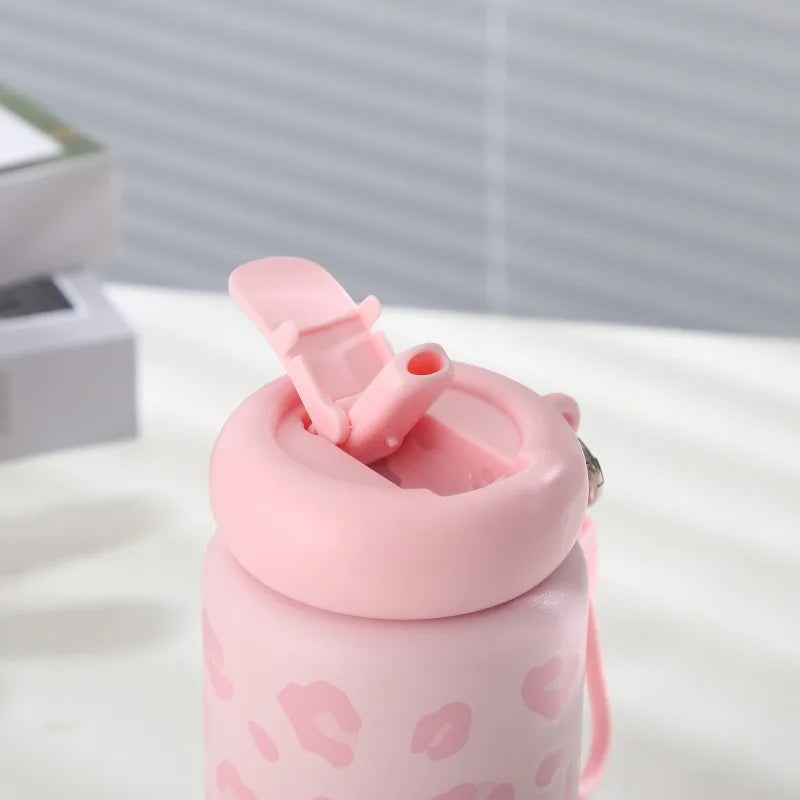350ml Dopamine Leopard Print Insulated Cup 304 Stainless Steel Mini Straw Portable Car Coffee Cup with Drawstring Water Cup Peaceful Pleasures Health and Wellness
