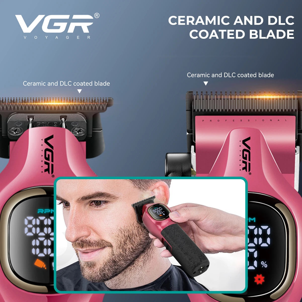 VGR high-end hair trimmer two-piece set metal body 9000 RPM hair clipper alloy blade head oil head carving push shear V-886 S2 Peaceful Pleasures Health and Wellness