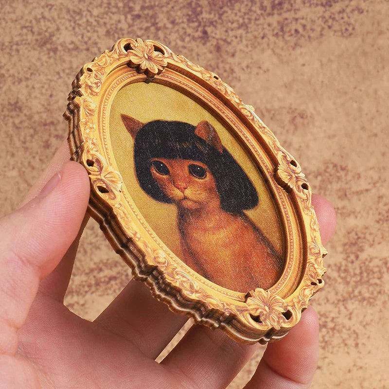 Mini Oval Retro Wooden Fridge Magnet – Funny Cat Design
