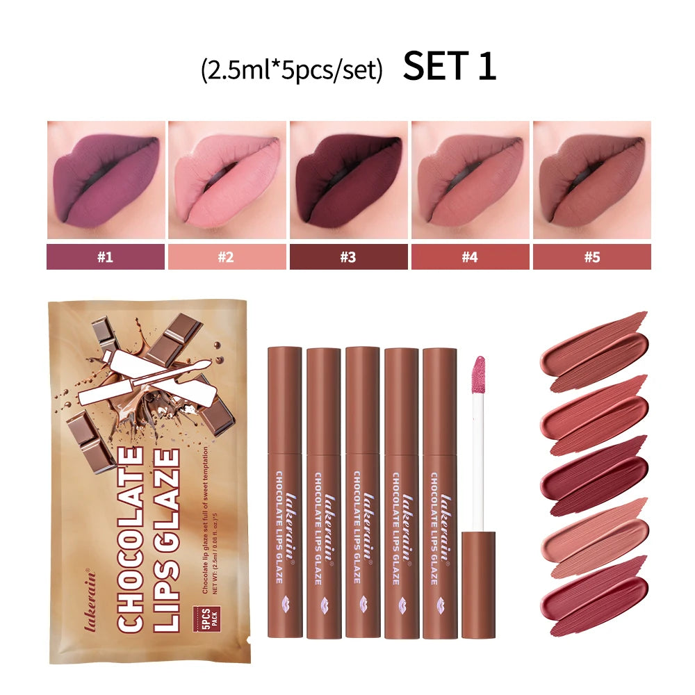 5-Piece Chocolate Matte Lip Gloss Set – Waterproof & Moisturizing Matte Lip Gloss Set Peaceful Pleasures Health and Wellness 1