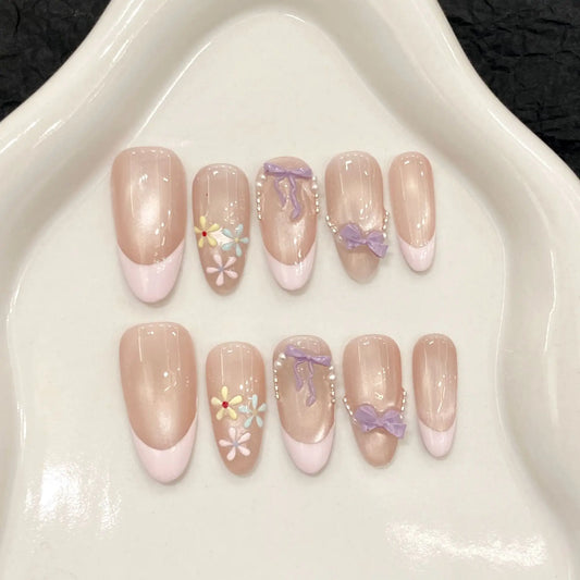 French Cat Eye Press On Nails | Purple Flower Almond Shape 10pcs Press On Nails Peaceful Pleasures Health and Wellness M
