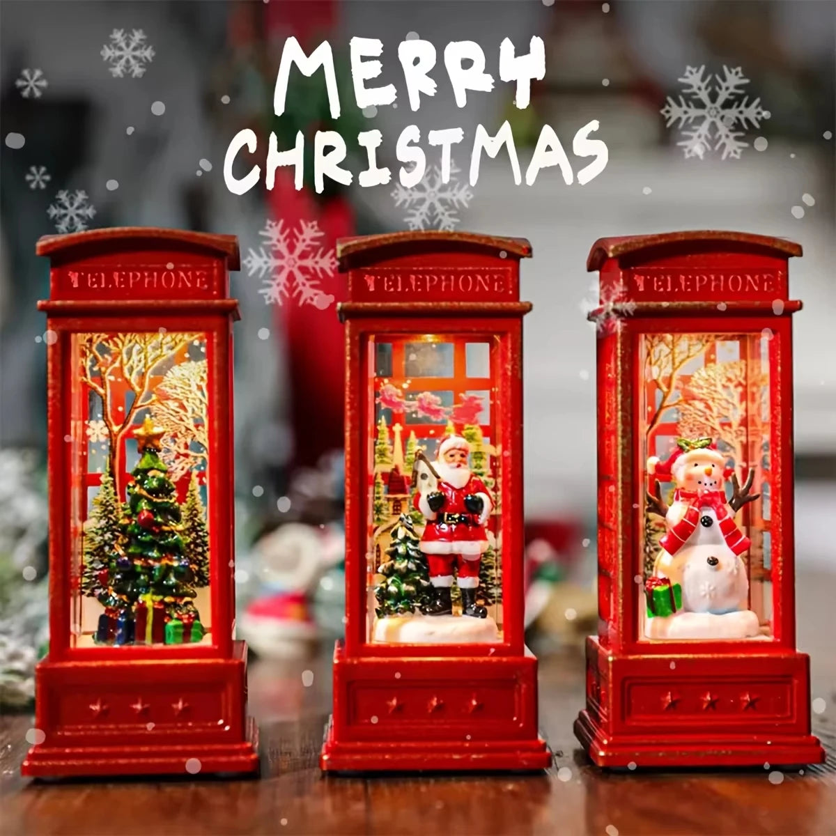 Christmas Phone Booth Decoration with Santa Claus, Snowman & Tree - Red Retro Telephone Booth Ornament With Light Home Decorator Peaceful Pleasures Health and Wellness
