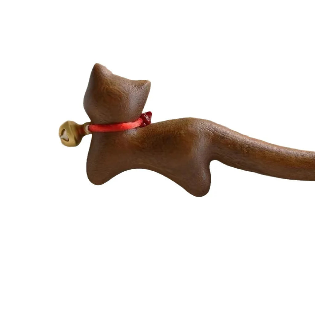 Chinese Traditional Hair Stick Vintage Golden Sandalwood Hairpin Cute Bell Cat Hair Pin Simple Retro Step Shake Hair Accessories Peaceful Pleasures Health and Wellness