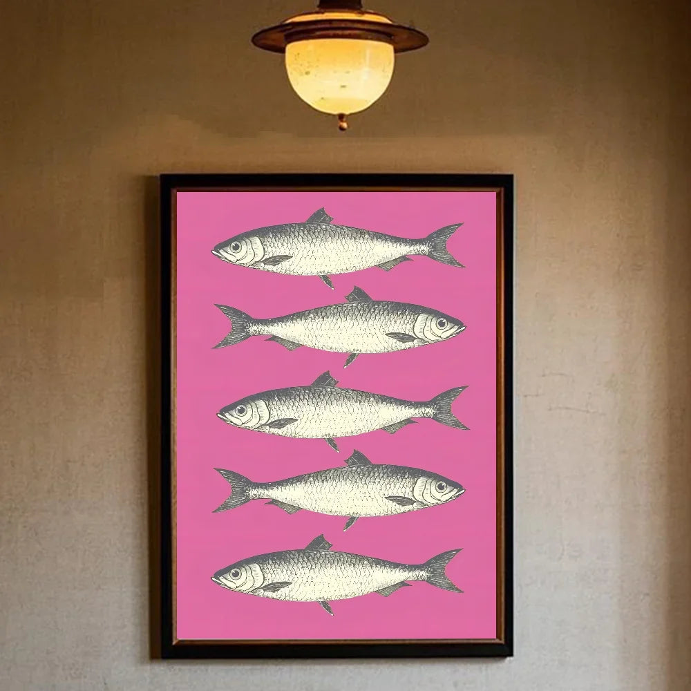 Colorful Sardines & Lobsters Canvas Wall Art | Ocean Fish Print