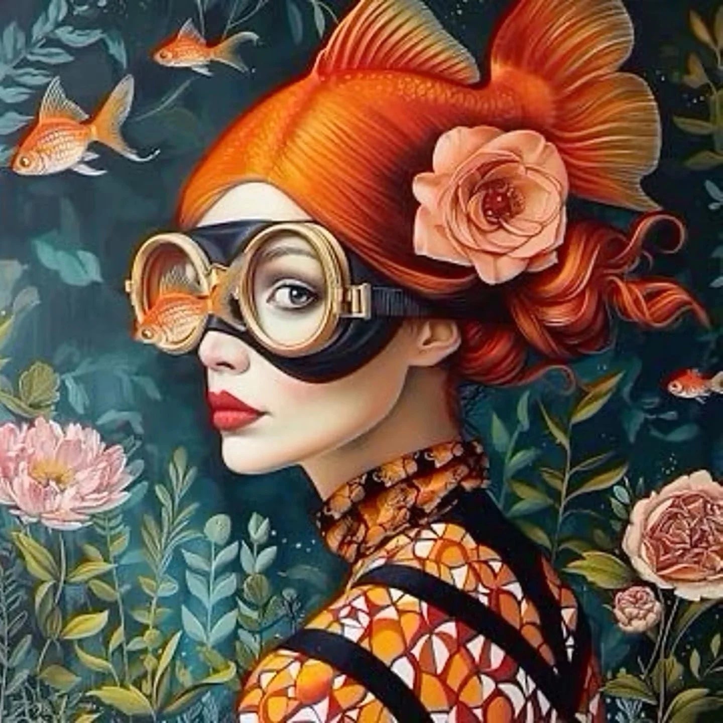 Surrealism Woman & Fish Canvas Wall Art | Fantasy Portrait Print