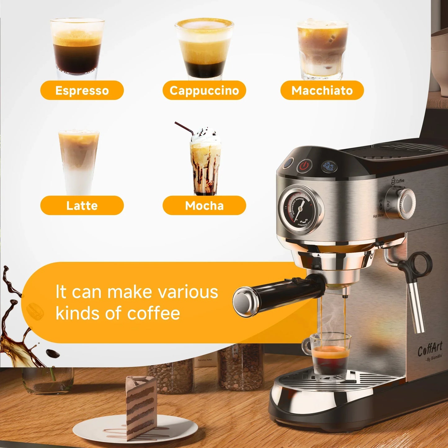 BioloMix 20 Bar Semi-Auto Espresso Machine with Steam Frother – 1350W Coffee Machine Peaceful Pleasures Health and Wellness