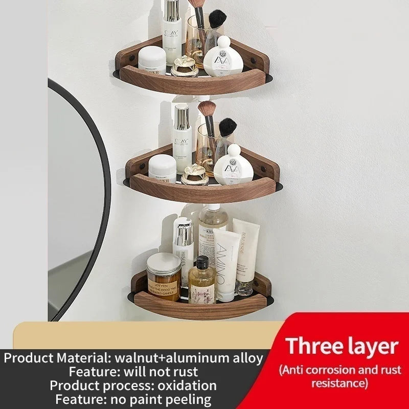 Wood & Aluminum Corner Shower Shelf | Bathroom Wall Organizer