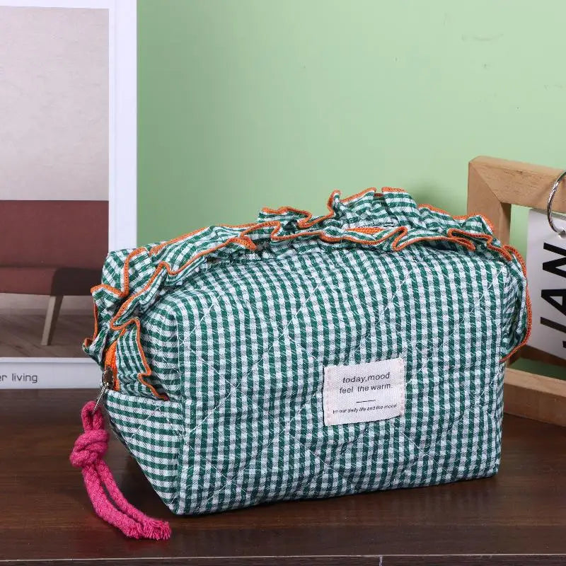 Women's Vintage Gingham Cosmetic Makeup Bag With Ruffled Edges-Large Capacity Organizer For Daily Travel Peaceful Pleasures Health and Wellness 01