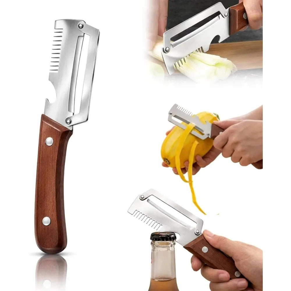 3-in-1 Stainless Steel Vegetable Peeler with Wood Handle