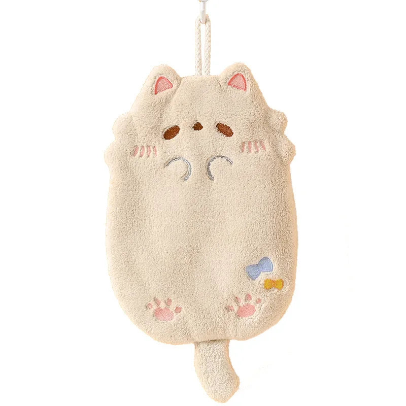 Cute Cartoon Cat Hanging Hand Towel Coral Fleece Non-shedding Thick Cloth High Appearance Level Kitchen Bathroom Absorbent Towel Peaceful Pleasures Health and Wellness Beige