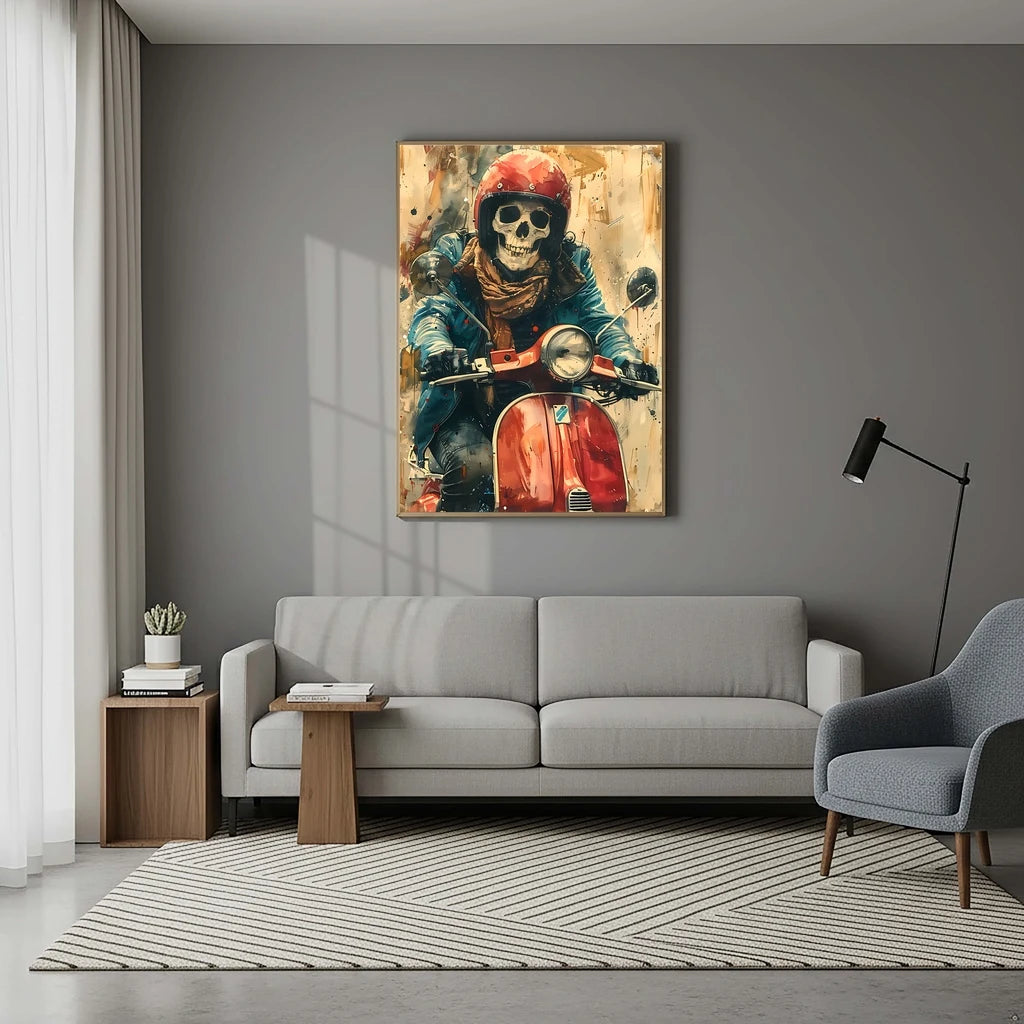 Watercolor Skeleton Scooter Canvas Wall Art | Modern Poster Canvas Wall Art Peaceful Pleasures Health and Wellness