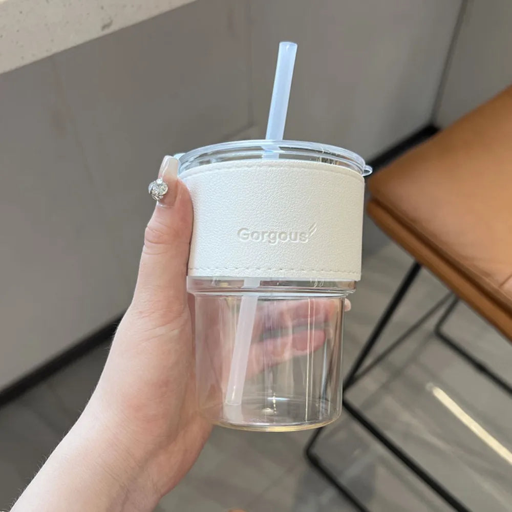 400ml Glass Water Bottle with Bamboo Lid & Straw – Transparent Cup