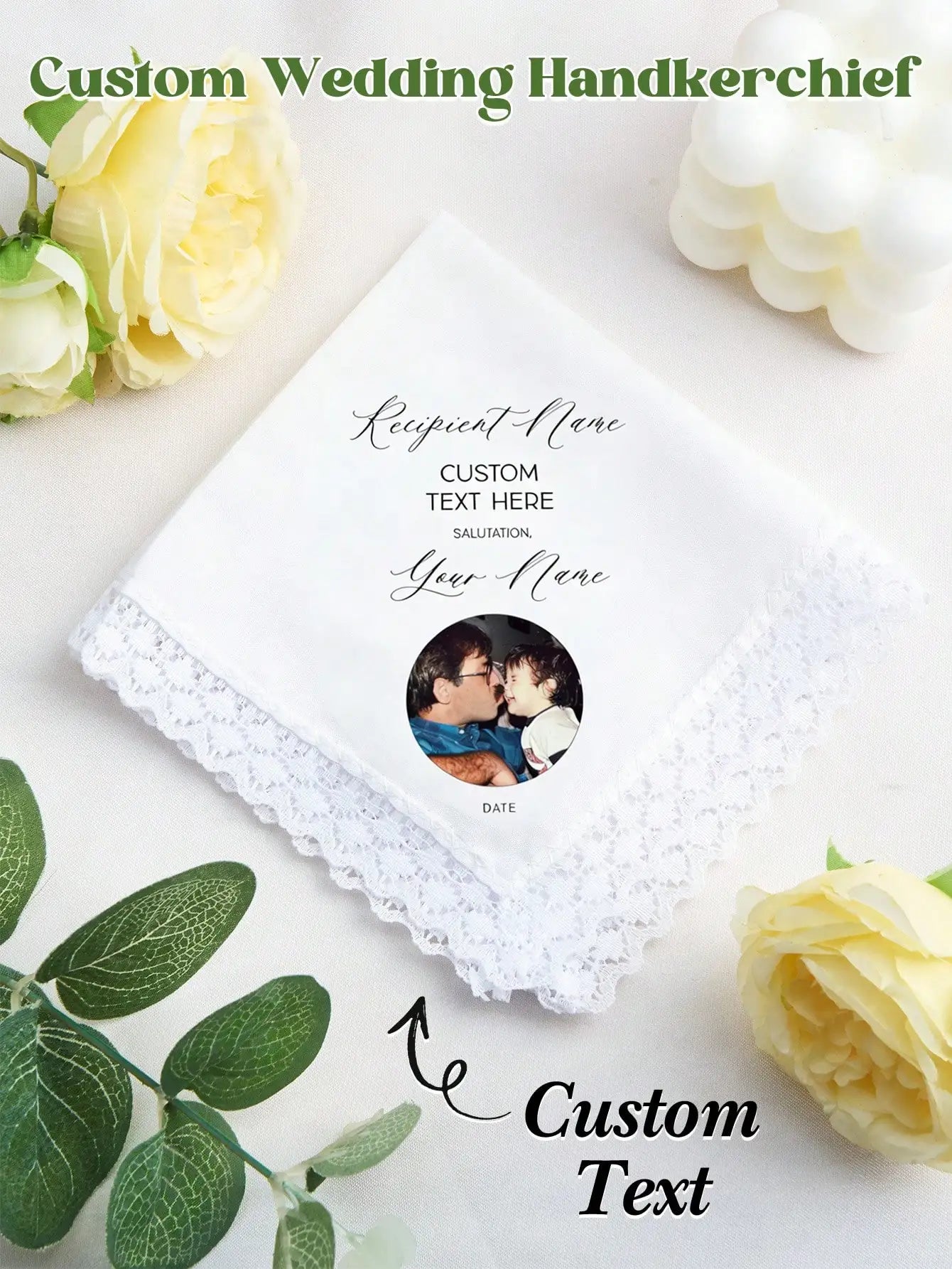Custom Photo Handkerchief Personalized Cotton Hankie with Name Text Date 2 Sizes Gift for Mother Grandma Bride Groom Wife Peaceful Pleasures Health and Wellness 26x26cm white