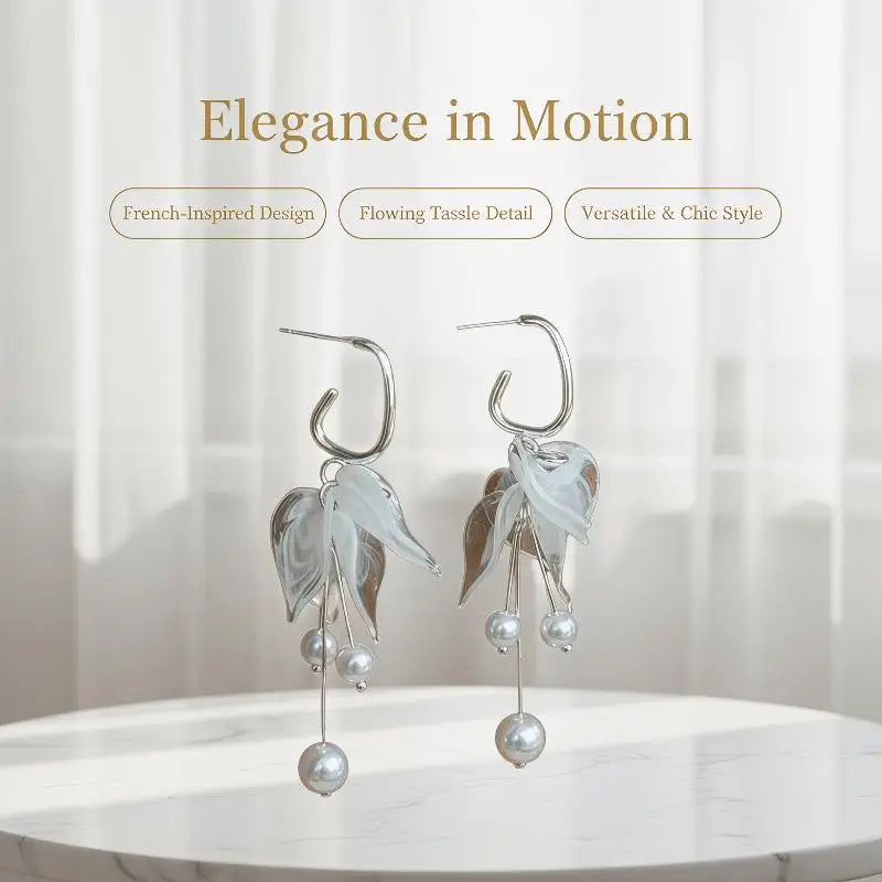 White Floral Dangle Earrings – Faux Pearl Tassel Bridal Gift