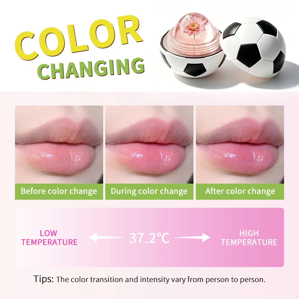 Kick & Glow Soccer Lip Balm Deep Hydrating Repair Soccer Appearance Design Silky Texture Flower Color Changing Lipstick Peaceful Pleasures Health and Wellness