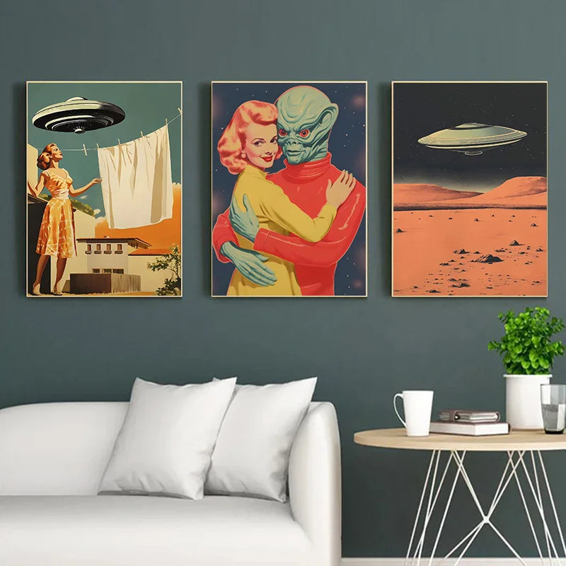 UFO Flying Saucer Alien Drink Coffee Art Print Poster Cow Abduction Canvas Printing Print Retro Sci Fi Wall Art Funny Home Decor Peaceful Pleasures Health and Wellness