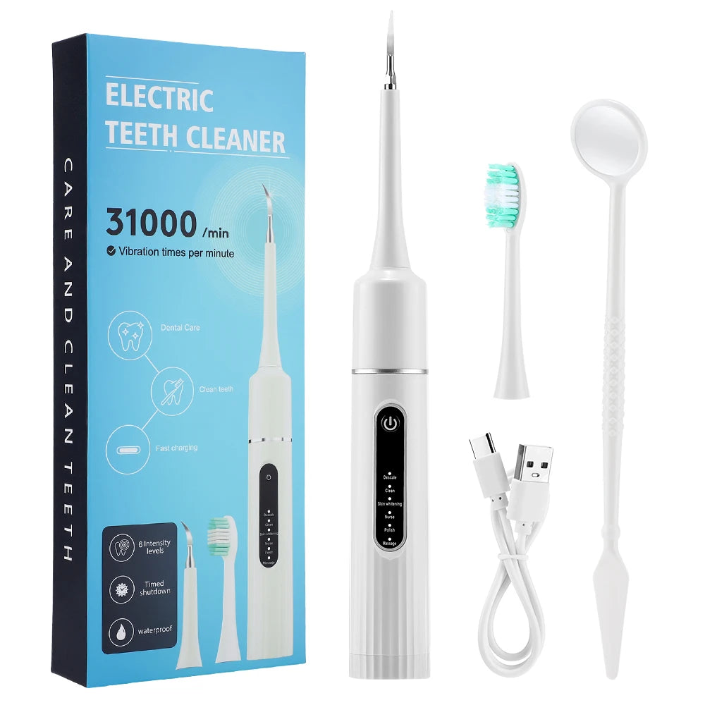 Electric Teeth Cleaner Remove Tartar Plaque Calculus and Tooth Stains Dental Teeth Whitening Kits With 6 Toothbrush Heads Home Peaceful Pleasures Health and Wellness 1 head White