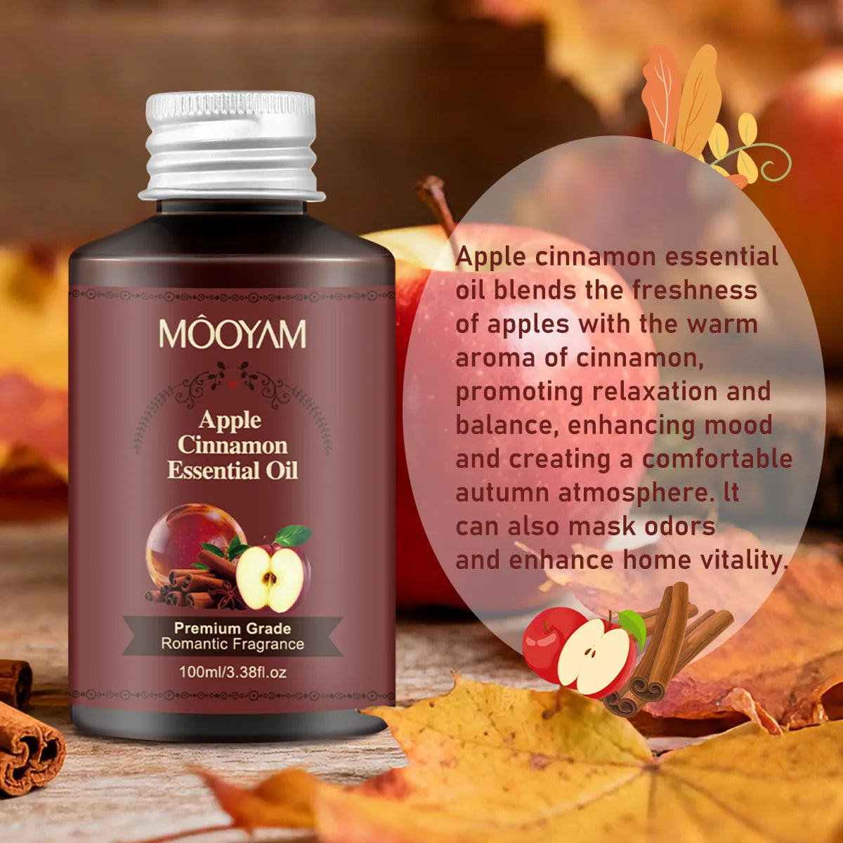 100ml Apple Cinnamon Massage Essential Oil Premium Grade Romatic Fragrance Moisturizing And Hydrating, For Use In Aromatherapy Peaceful Pleasures Health and Wellness