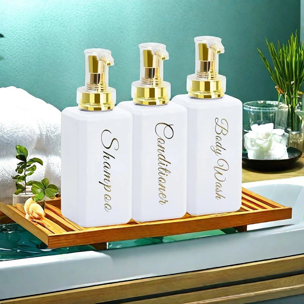Bathroom Shower Dispenser Shampoo and Conditioner Dispenser with Gold Pump16.9oz Empty Shower Bottles for Bathroom Peaceful Pleasures Health and Wellness