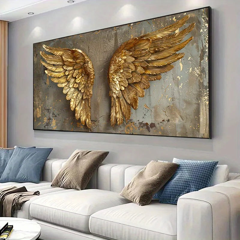 Modern Decor Large Frameless Canvas Art Golden Angel Wings Distressed Texture Elegant Wall Decor for Living Room and Bedroom Peaceful Pleasures Health and Wellness
