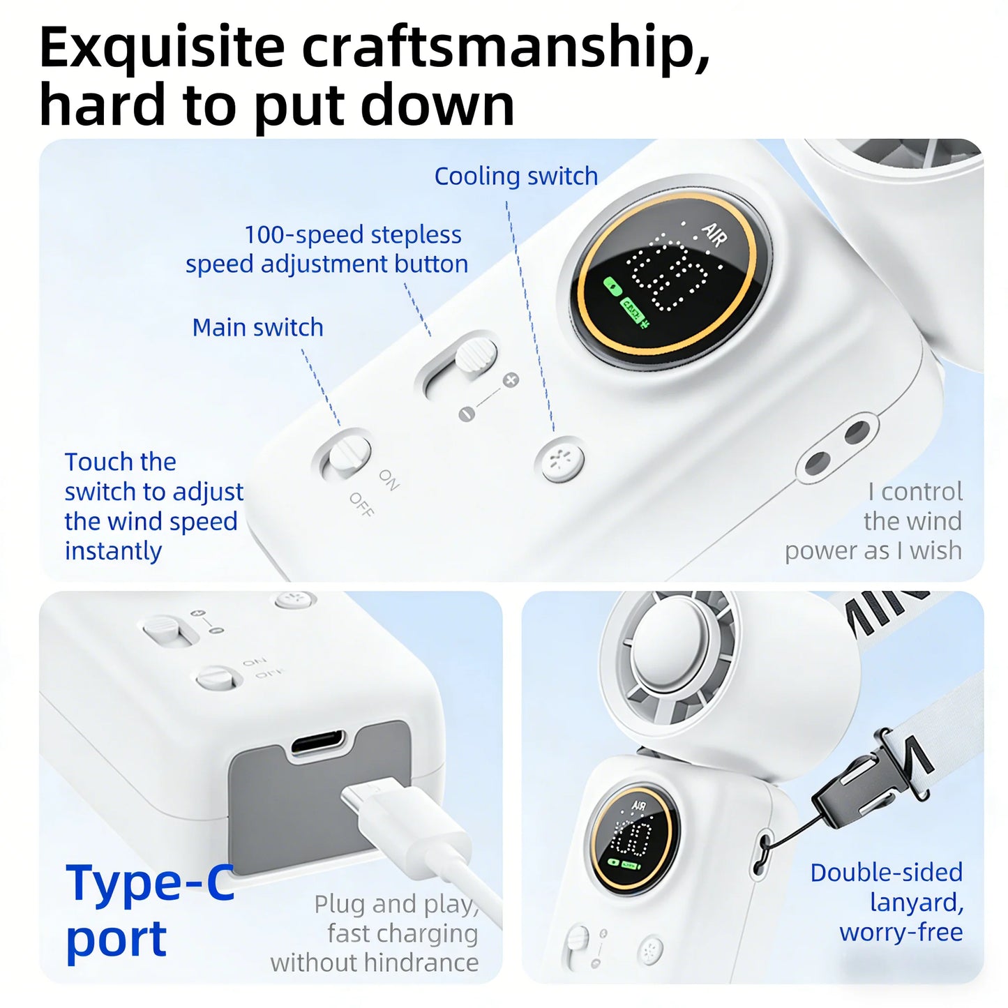 Portable Mini Handheld Fan 4000mAh High Speed Cooling LED Display 100 Adjustable Settings USB Rechargeable Desk Fan Travel Peaceful Pleasures Health and Wellness