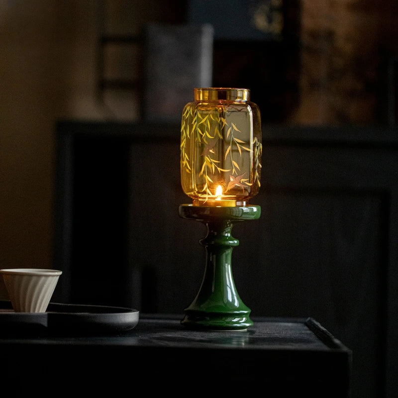 Emerald Glass Candlestick Holder | Chinese Tea Ceremony Decor Glass Candlestick Holder Peaceful Pleasures Health and Wellness