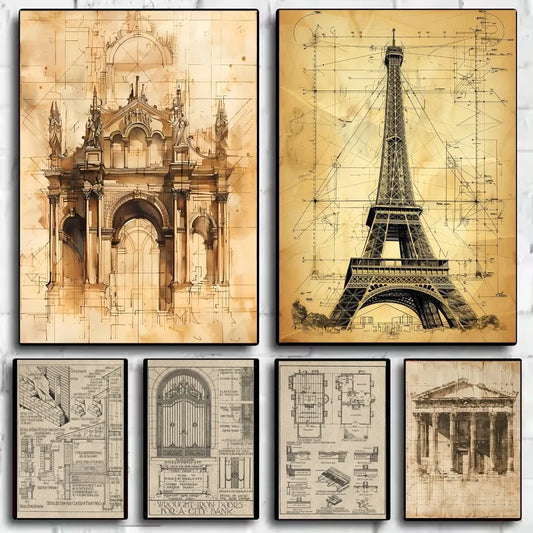 Vintage Architecture Drawings Wall Poster | Waterproof PVC Art Wall Art Poster Peaceful Pleasures Health and Wellness