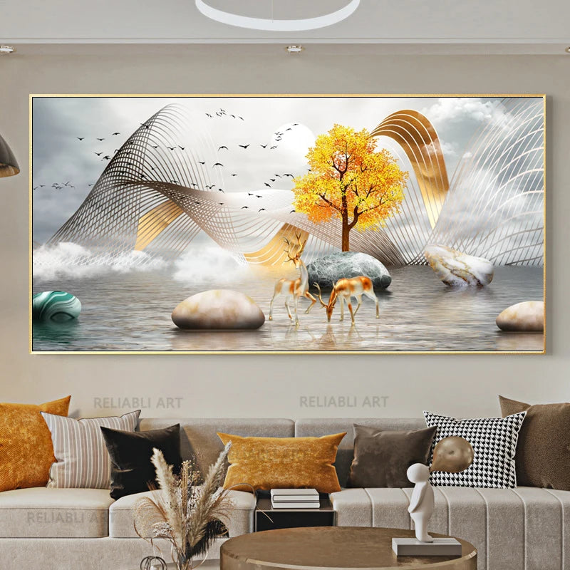 Chinese Feng Shui Golden Rich Tree Canvas Painting Wall Art Deer Landscape Lucky Stone Posters Wall Art for Living Room Decor Peaceful Pleasures Health and Wellness