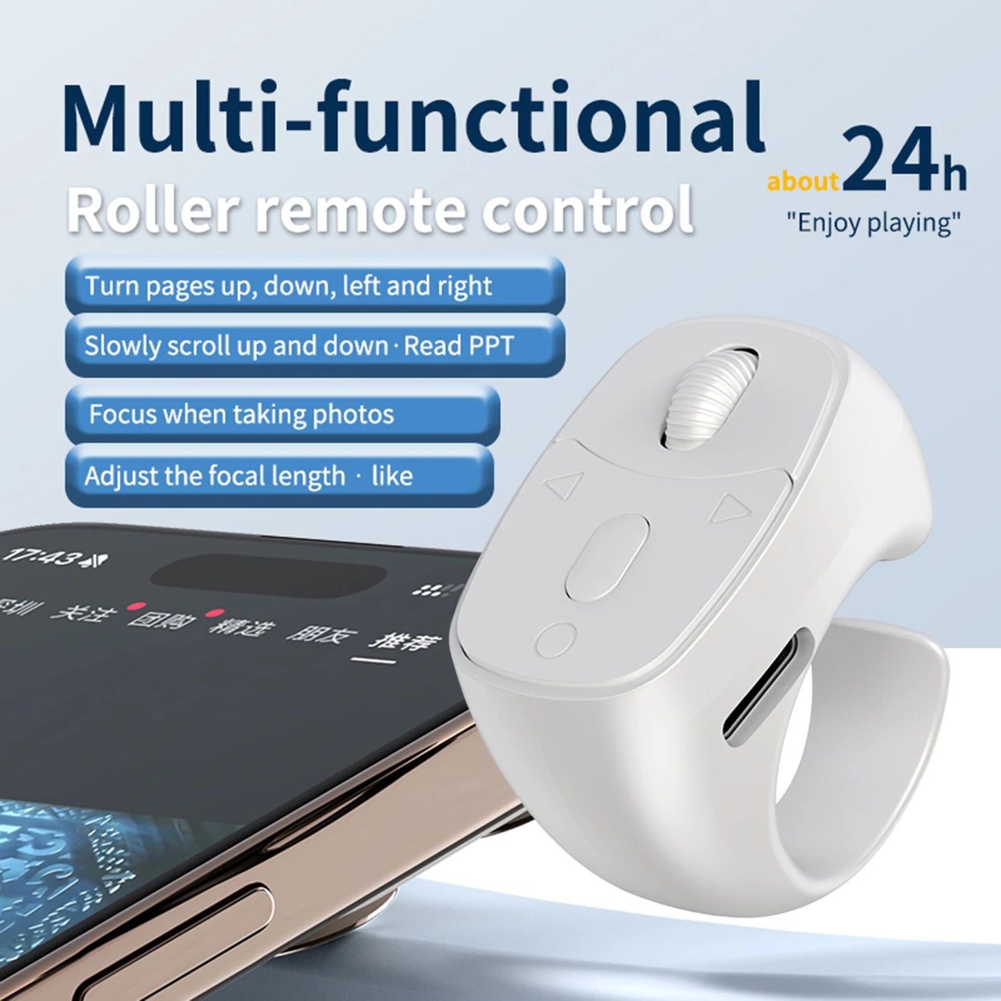 Bluetooth 5.3 Fingertip Ring Remote – Page Turner & Selfie