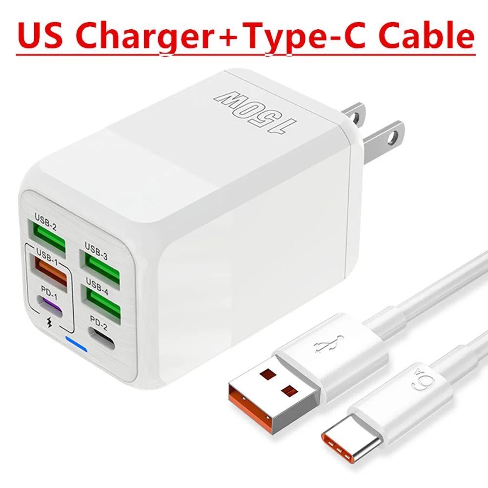 150W 6-Port USB-C Wall Charger | PD QC 3.0 Fast Charging