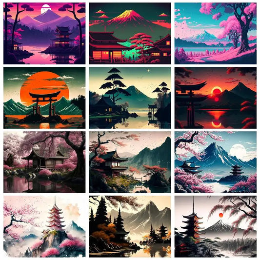 RUOPOTY Painting By Numbers For Starter Kit Thick colored Chinese style landscape architecture For Home Decoration Peaceful Pleasures Health and Wellness