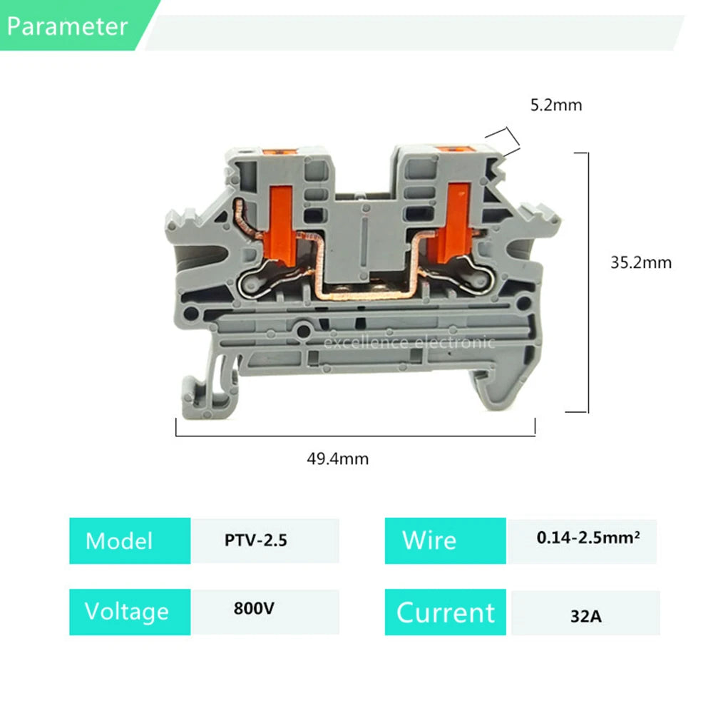 PTV2.5 Din Rail Terminal Block Side-Entry Push-in Connection 12AWG Cable Wiring Electrical Wire Connector Assembly Combined Kit Peaceful Pleasures Health and Wellness