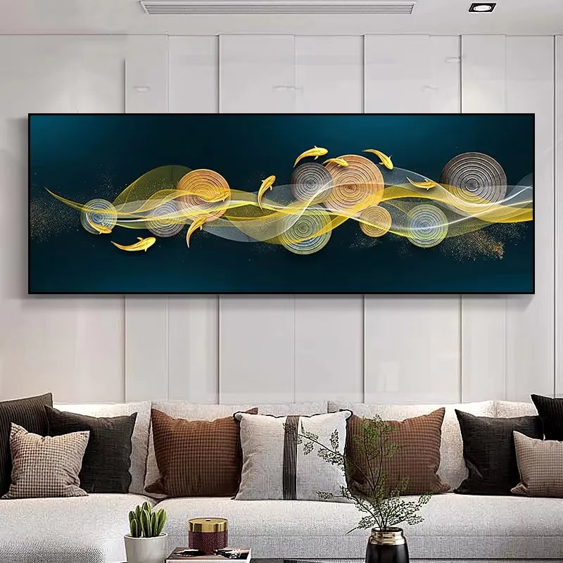 Large Wall Decorative Painting on Canvas Chinese Style Koi Poster Nine Fish Illustration Feng Shui Carp Lotus Pond Home Decor Peaceful Pleasures Health and Wellness ZLH3504 80x240cm Unframed