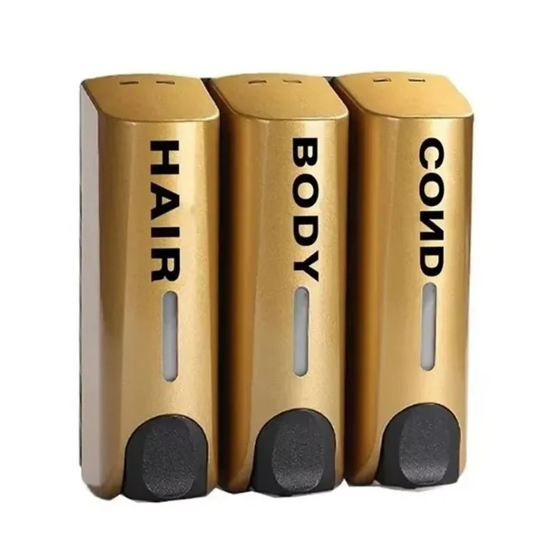 Bathroom Automatic soap dispenser Trio Wall Mounted Shampoo and Conditioner Dispenser, Conditioner Body Wash Dispenser Set Peaceful Pleasures Health and Wellness gold three