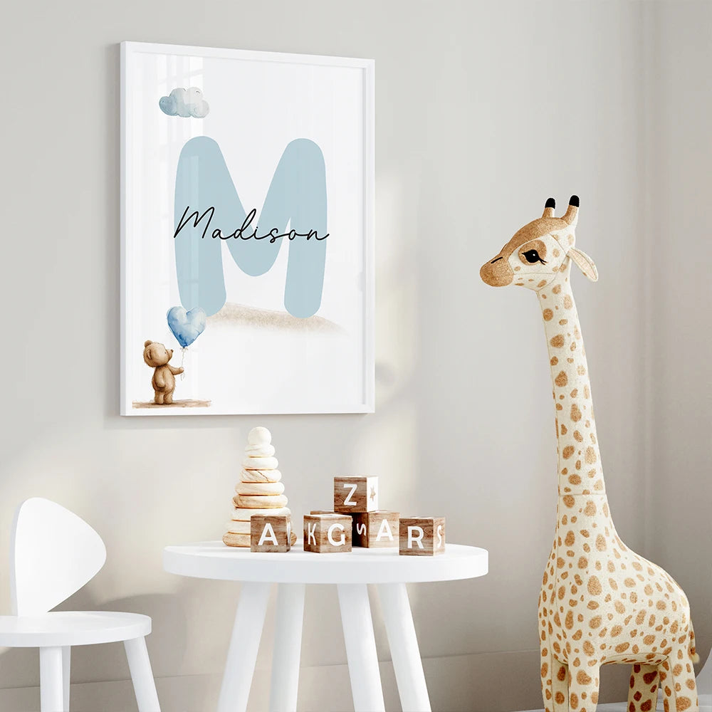 3-Piece Personalized Blue Bear Canvas Wall Art | Kids Room Decor
