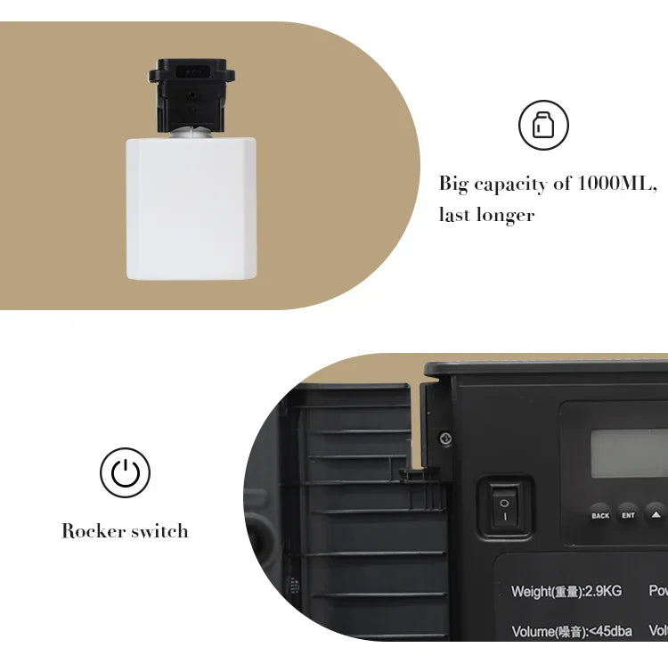Product with a white container and black rocker switch on a beige background