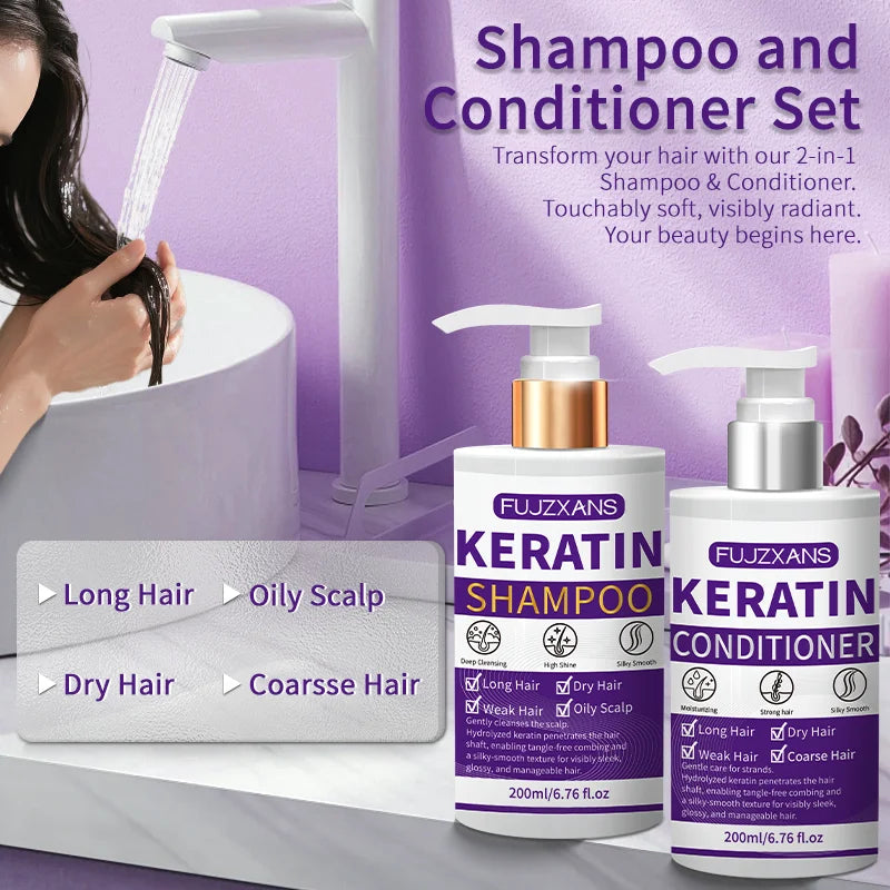 Keratin Shampoo and Conditioner Set, Professional Repairing & Smoothing Treatment for Dry Damaged Hair Anti-Frizz Hydrating Gift Peaceful Pleasures Health and Wellness