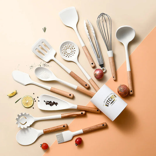 Silicone Non-Stick Cooking Utensil Set – Stainless Steel Handle Spatula, Egg Beater & Shovel Kitchen Tool Set Peaceful Pleasures Health and Wellness