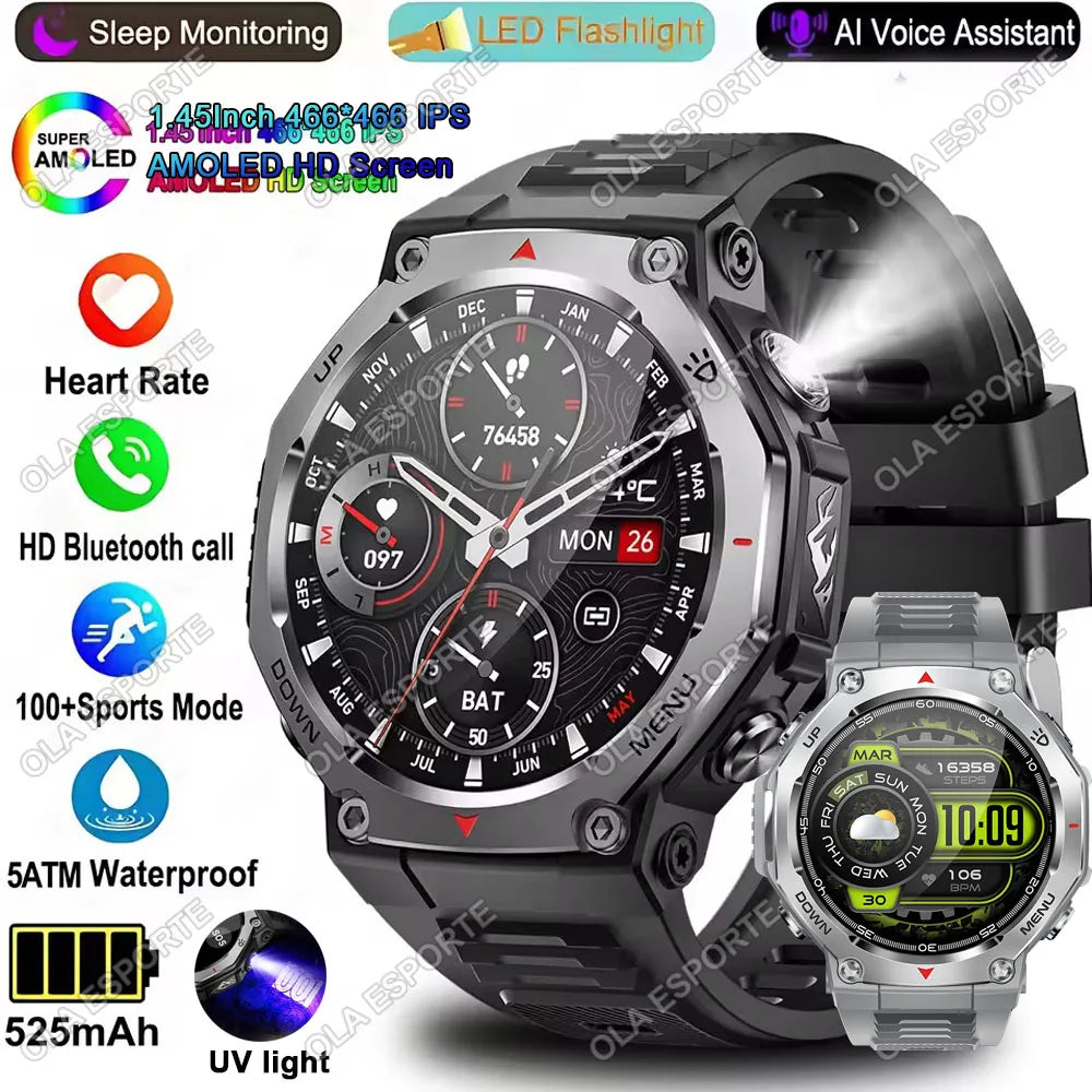 Military-Grade Outdoor Sports Smartwatch 520mAh GPS LED Flashlight Bluetooth Call Fitness Tracking Heart Rate Smart Watch Men Peaceful Pleasures Health and Wellness 1Silver1Bk