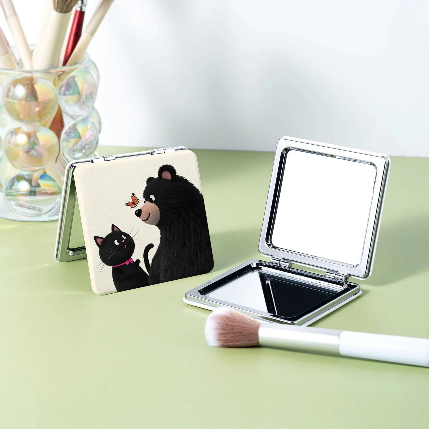 Kitten & Bear Cartoon Folding Makeup Mirror – Double Sided