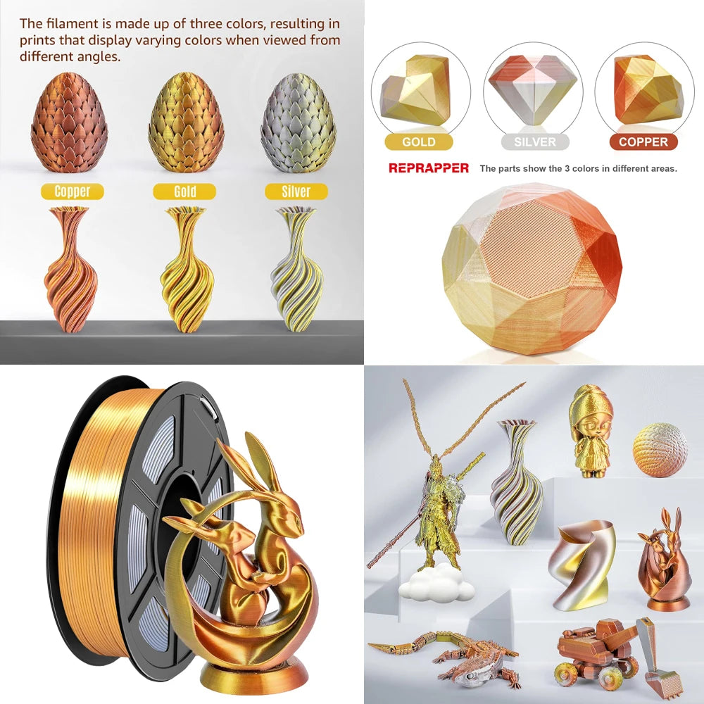 Silk Tricolor PLA+ Filament 1.75mm Gold Silver Copper – 3D Maliang