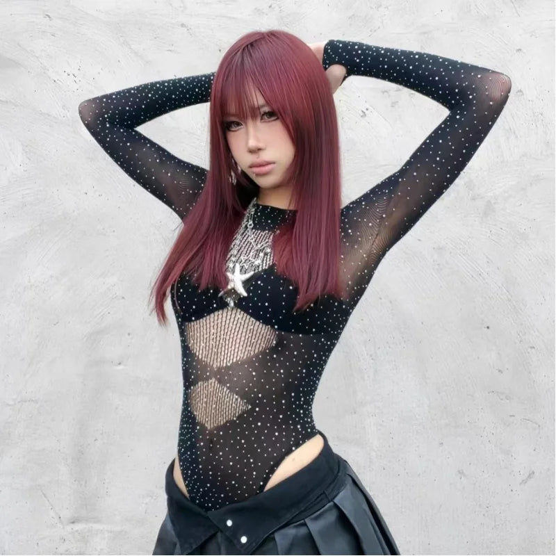 Women's Rhinestone Sheer Lingerie Set | Dance Performance Outfit