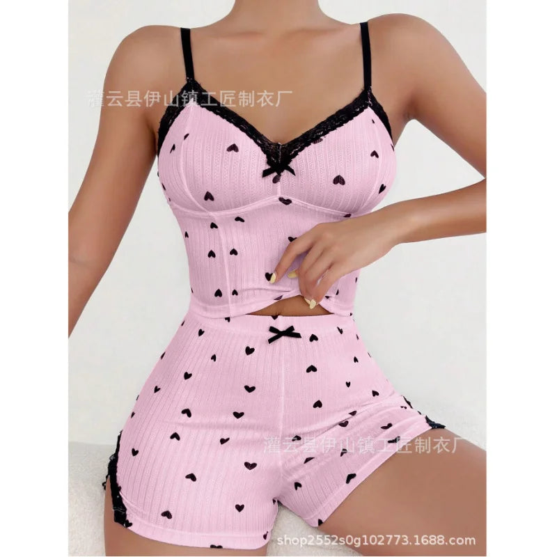Cross-border casual lace trim bowknot suspender shorts women's thin home wear set European and American new style Peaceful Pleasures Health and Wellness