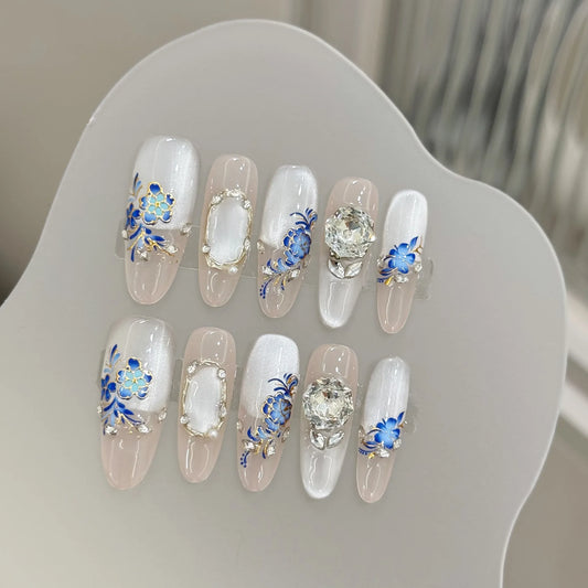 Luxury Diamond Press On Nails | Cat's Eye Gold Flower Manicure Press On Nails Peaceful Pleasures Health and Wellness XS