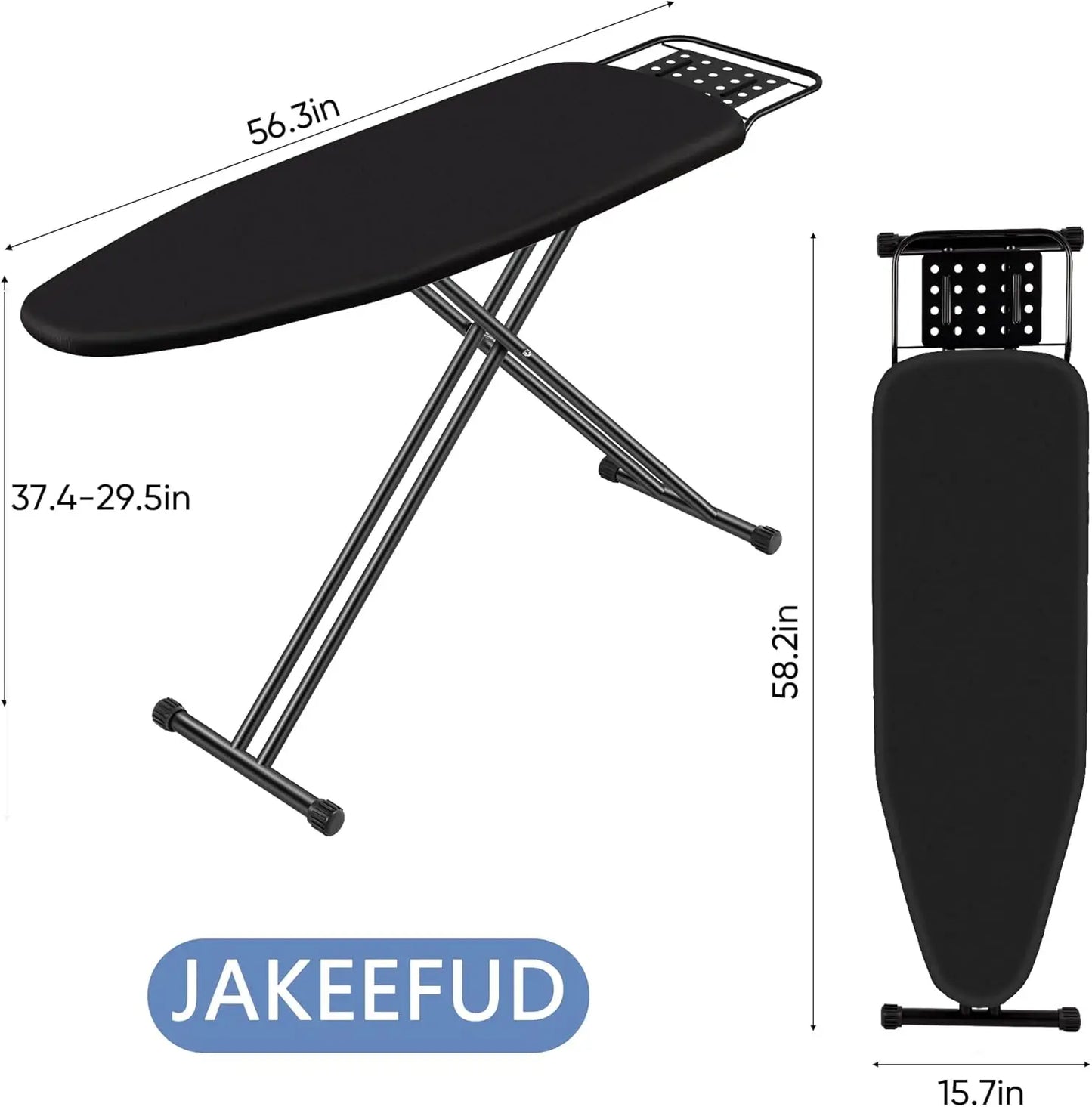 Black ironing board with adjustable height and dimensions labeled, featuring the brand 'JAKEEFUD'.
